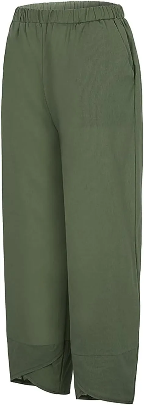 LCMTWX Womens Wide Leg Pants Summer Elastic High Waist Linen Pants Straight Leg Wide Leg Cropped Pants Cotton Pants Petite