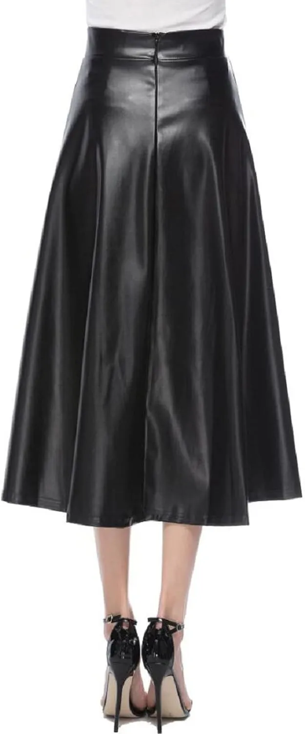 Leather Skirts for Women Trendy Fashion High Elastic Waist PU A-Line Workout Business Long Skirts Back Zipper