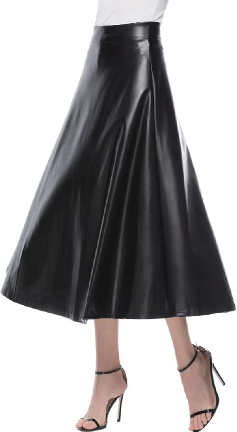 Leather Skirts for Women Trendy Fashion High Elastic Waist PU A-Line Workout Business Long Skirts Back Zipper