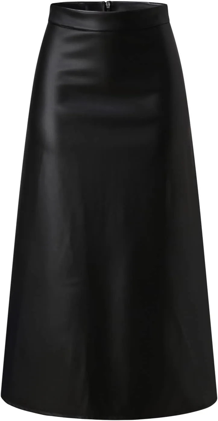 Leather Skirts for Women Trendy Fashion High Elastic Waist PU A-Line Workout Business Long Skirts Back Zipper