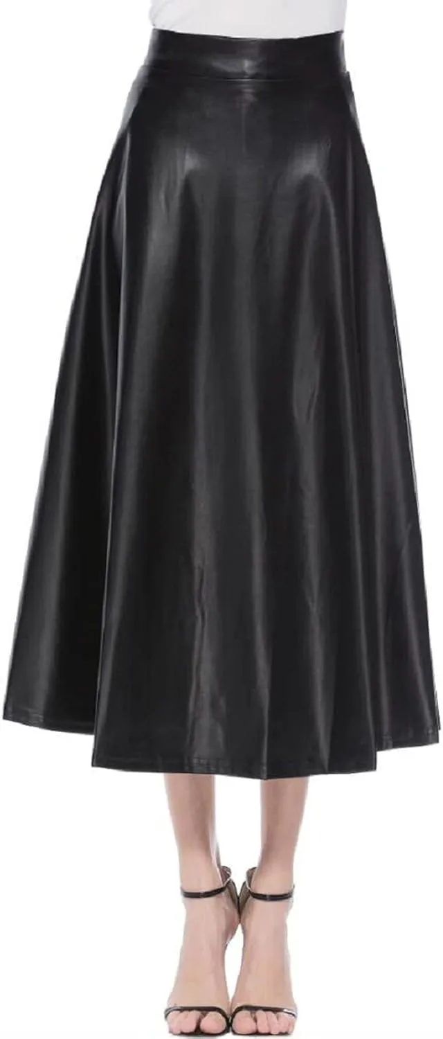 Leather Skirts for Women Trendy Fashion High Elastic Waist PU A-Line Workout Business Long Skirts Back Zipper