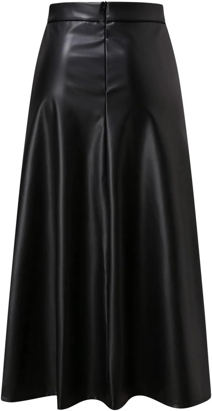 Leather Skirts for Women Trendy Fashion High Elastic Waist PU A-Line Workout Business Long Skirts Back Zipper