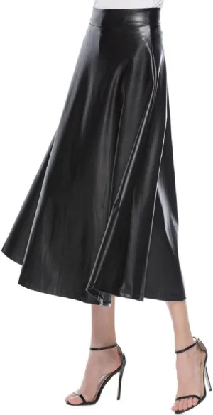 Leather Skirts for Women Trendy Fashion High Elastic Waist PU A-Line Workout Business Long Skirts Back Zipper