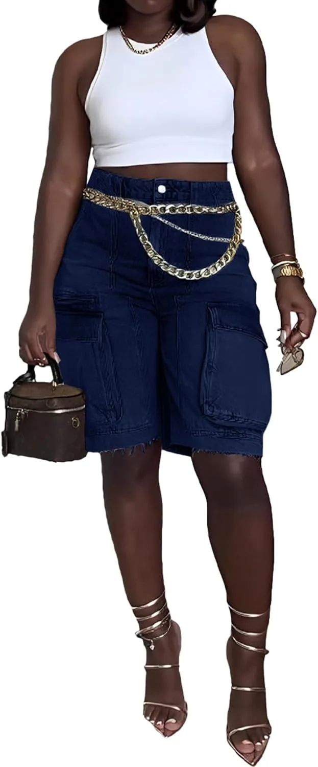 LETSVDO Women's Cargo Jean Shorts High Waisted Straight Leg Bermuda Casual Baggy Long Denim Shorts with Pockets