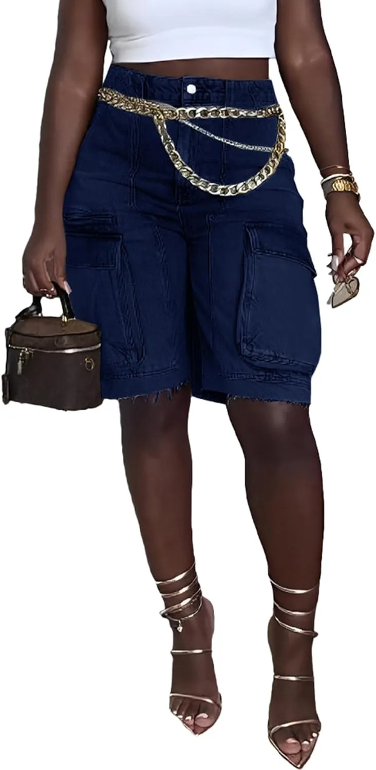 LETSVDO Women's Cargo Jean Shorts High Waisted Straight Leg Bermuda Casual Baggy Long Denim Shorts with Pockets