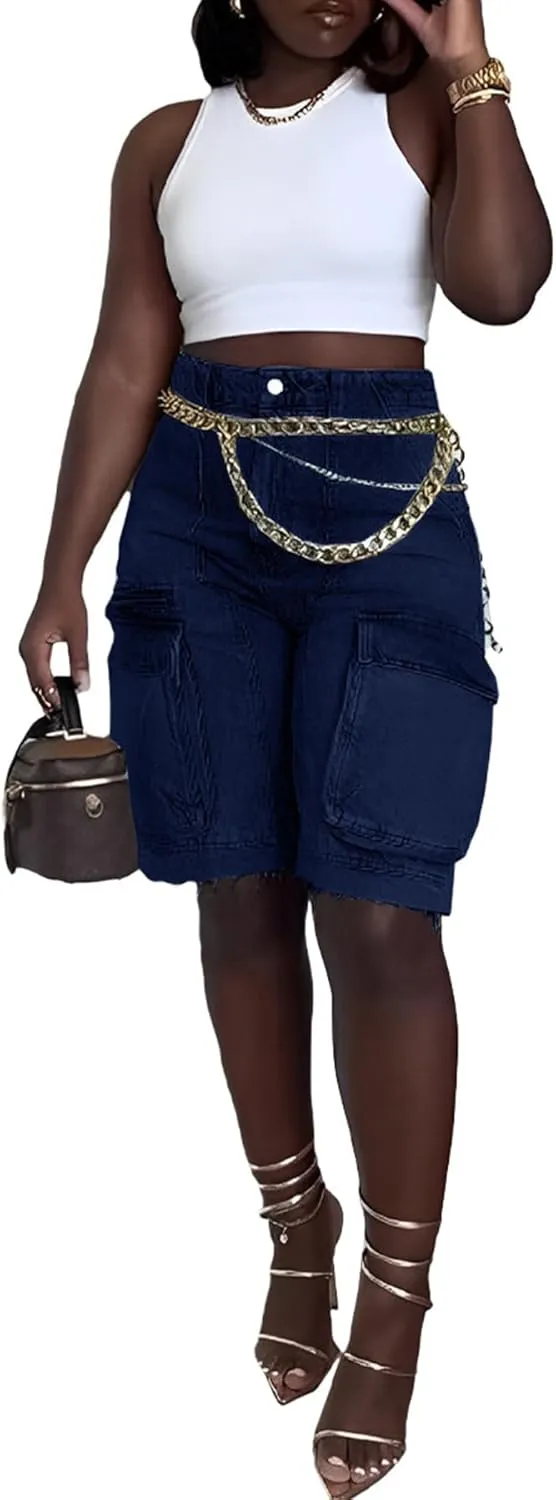LETSVDO Women's Cargo Jean Shorts High Waisted Straight Leg Bermuda Casual Baggy Long Denim Shorts with Pockets