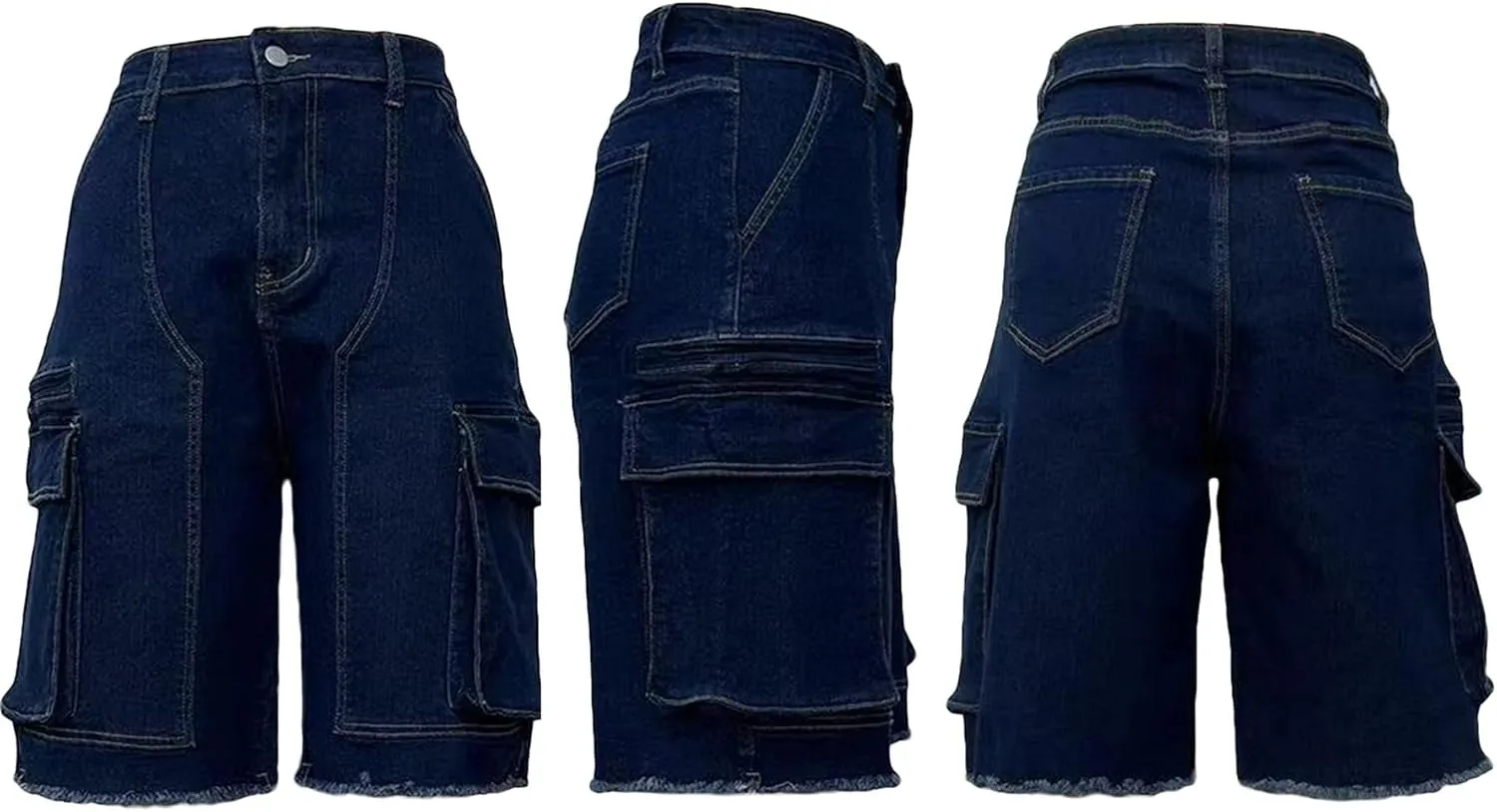 LETSVDO Women's Cargo Jean Shorts High Waisted Straight Leg Bermuda Casual Baggy Long Denim Shorts with Pockets