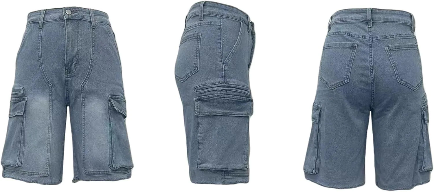 LETSVDO Women's Cargo Jean Shorts High Waisted Straight Leg Bermuda Casual Baggy Long Denim Shorts with Pockets