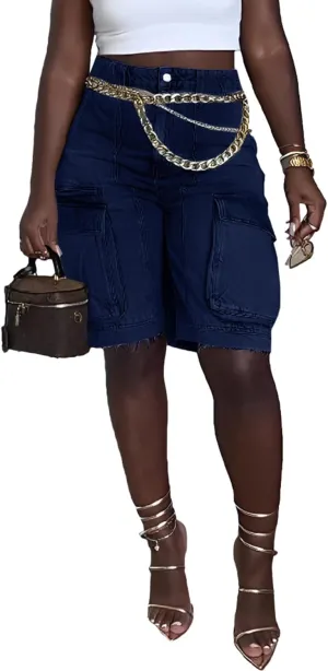 LETSVDO Women's Cargo Jean Shorts High Waisted Straight Leg Bermuda Casual Baggy Long Denim Shorts with Pockets