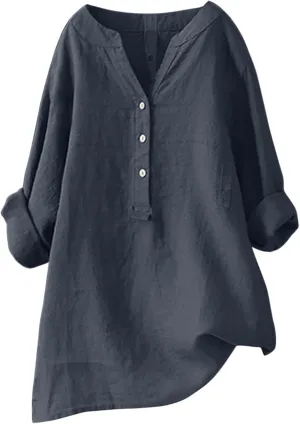 Linen Button Down Shirt Women Cap Sleeve Bell Sleeve Round Collar Work Office Shirt Blouse