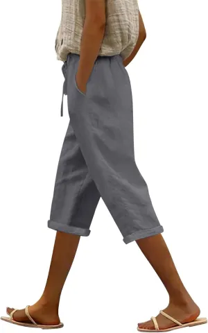Linen Capris for Women 2025 Fashion Solid Color Pants Slim Casual Long Pants Linen Lounge Beach Summer Capri