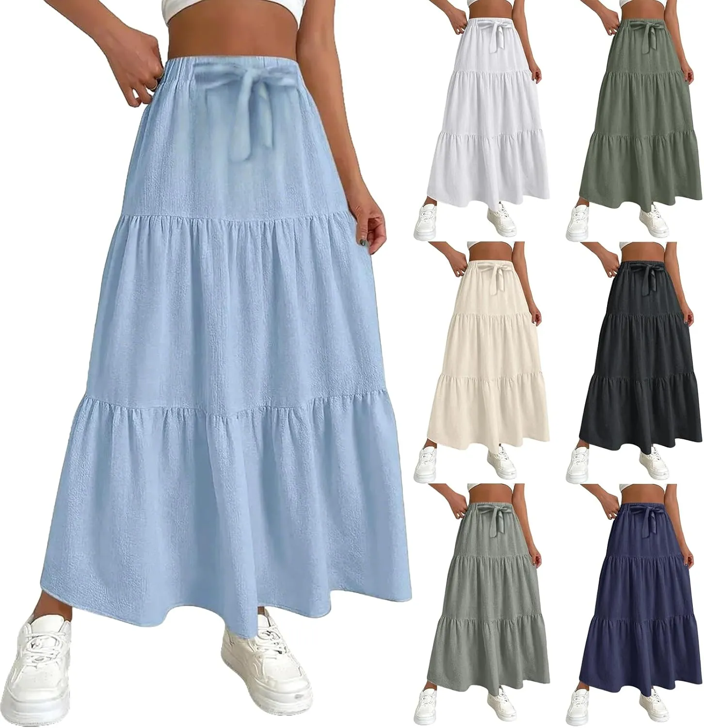Linen Maxi Skirts for Women 2025 Summer Boho Long Flowy Skirt Bow Tie Elastic Waist Tiered Swing Pleated A Line Skirt