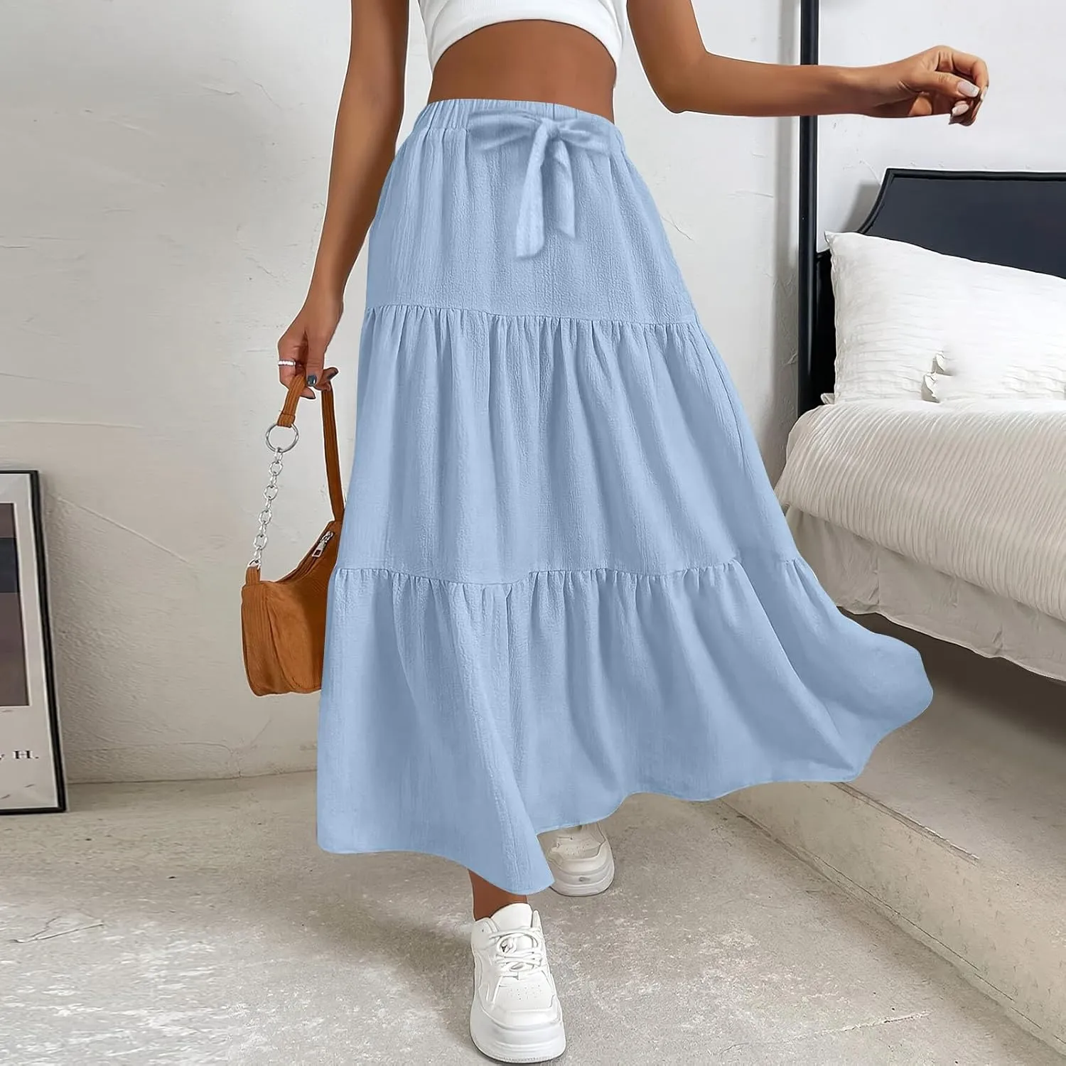 Linen Maxi Skirts for Women 2025 Summer Boho Long Flowy Skirt Bow Tie Elastic Waist Tiered Swing Pleated A Line Skirt