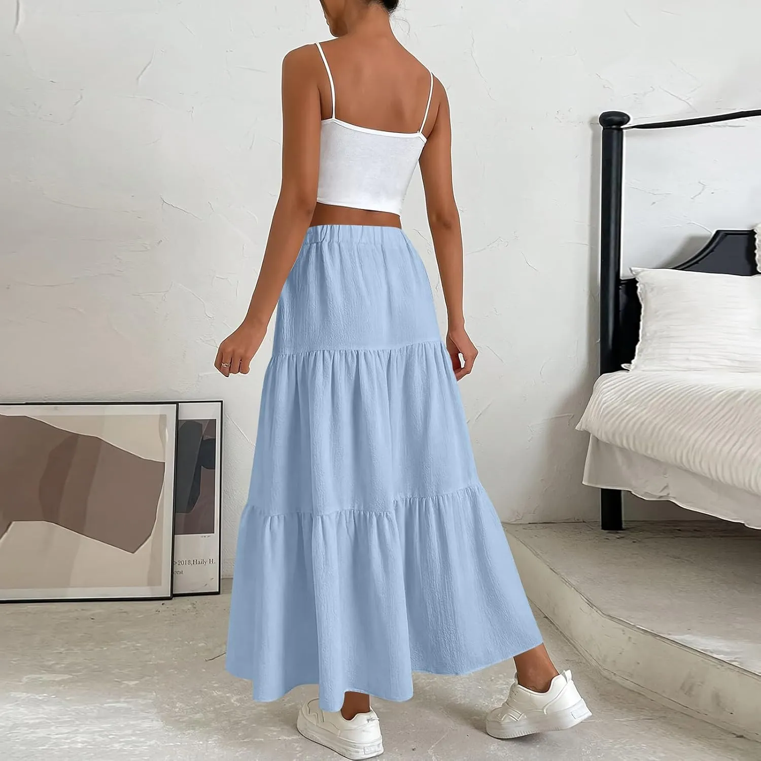 Linen Maxi Skirts for Women 2025 Summer Boho Long Flowy Skirt Bow Tie Elastic Waist Tiered Swing Pleated A Line Skirt