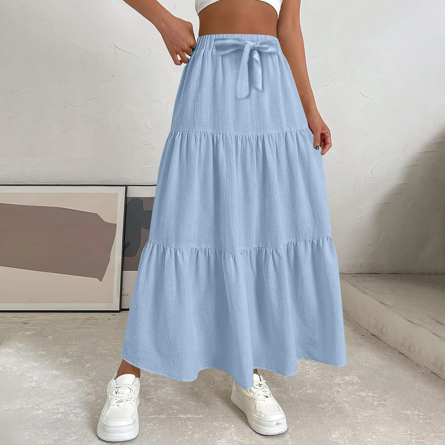 Linen Maxi Skirts for Women 2025 Summer Boho Long Flowy Skirt Bow Tie Elastic Waist Tiered Swing Pleated A Line Skirt