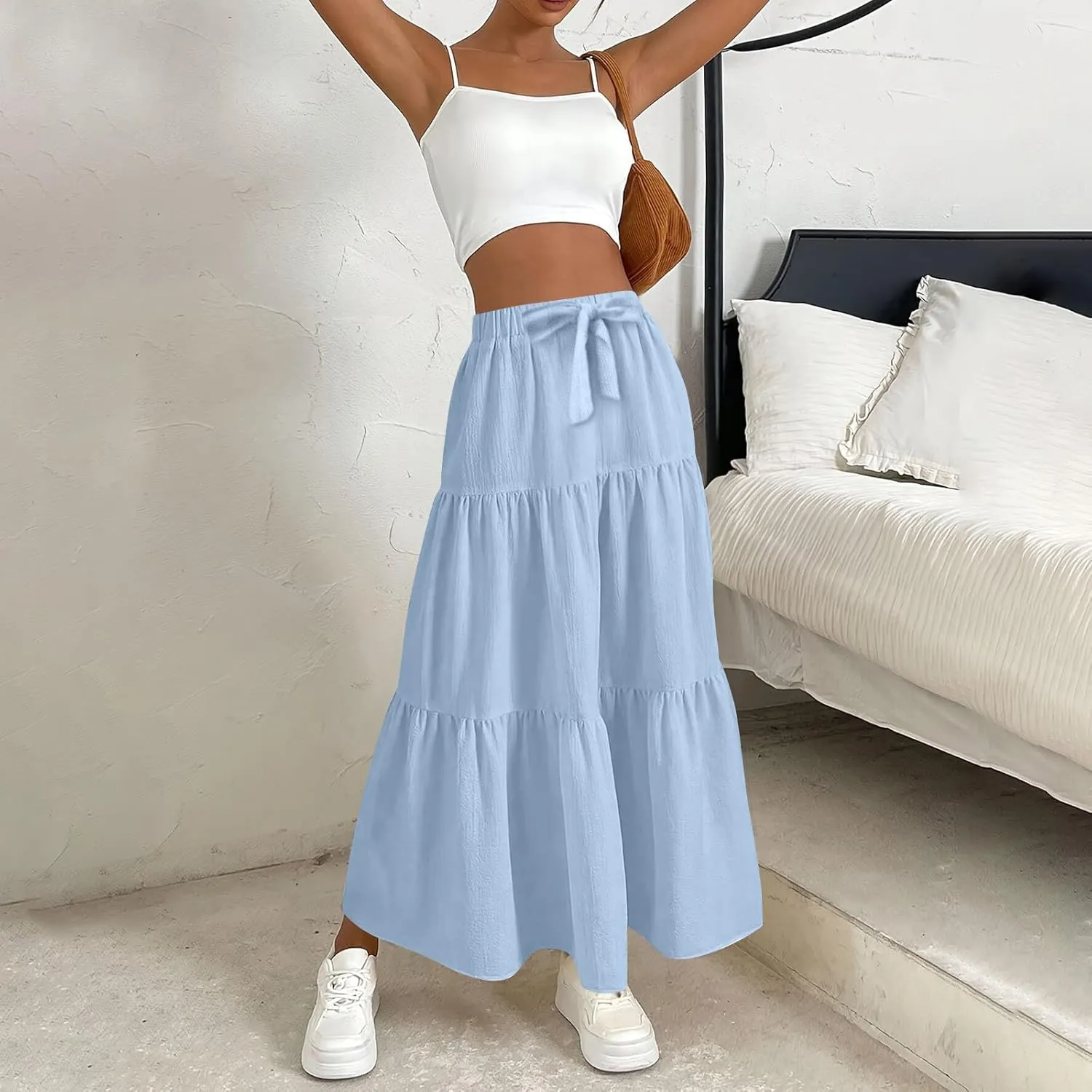 Linen Maxi Skirts for Women 2025 Summer Boho Long Flowy Skirt Bow Tie Elastic Waist Tiered Swing Pleated A Line Skirt