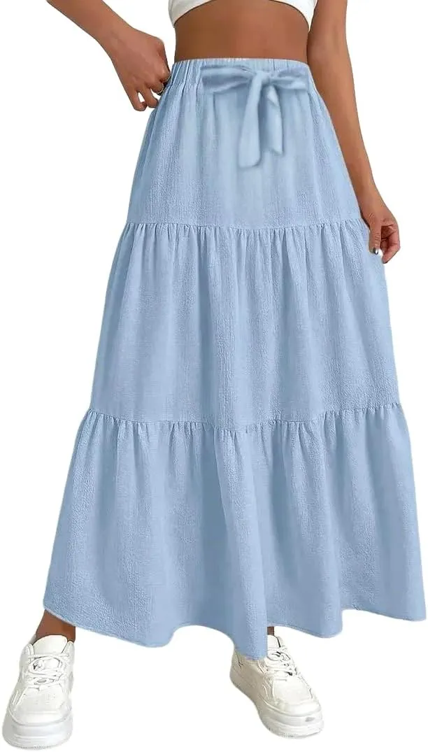 Linen Maxi Skirts for Women 2025 Summer Boho Long Flowy Skirt Bow Tie Elastic Waist Tiered Swing Pleated A Line Skirt