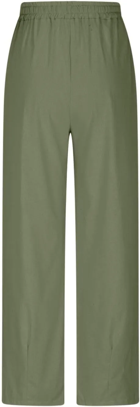 Linen Pants Women Cotton Straight Leg Lightweight Pant Summer Trousers Drawstring Elastic Waisted Loose Lounge Trouser