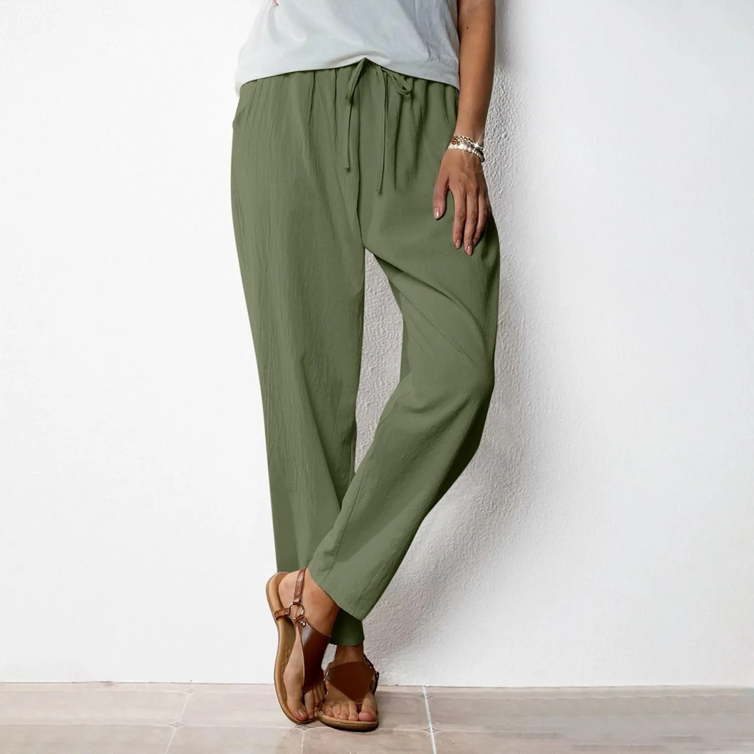 Linen Pants Women Cotton Straight Leg Lightweight Pant Summer Trousers Drawstring Elastic Waisted Loose Lounge Trouser