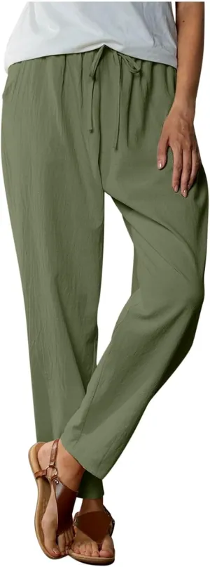 Linen Pants Women Cotton Straight Leg Lightweight Pant Summer Trousers Drawstring Elastic Waisted Loose Lounge Trouser