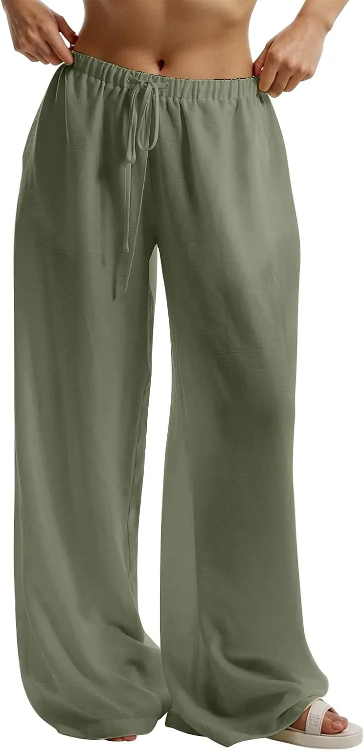 Linen Pants Women Summer Drawstring Waist Wide Leg Pants Loose Cotton Linen Palazzo Pants Casual Beach Long Pants