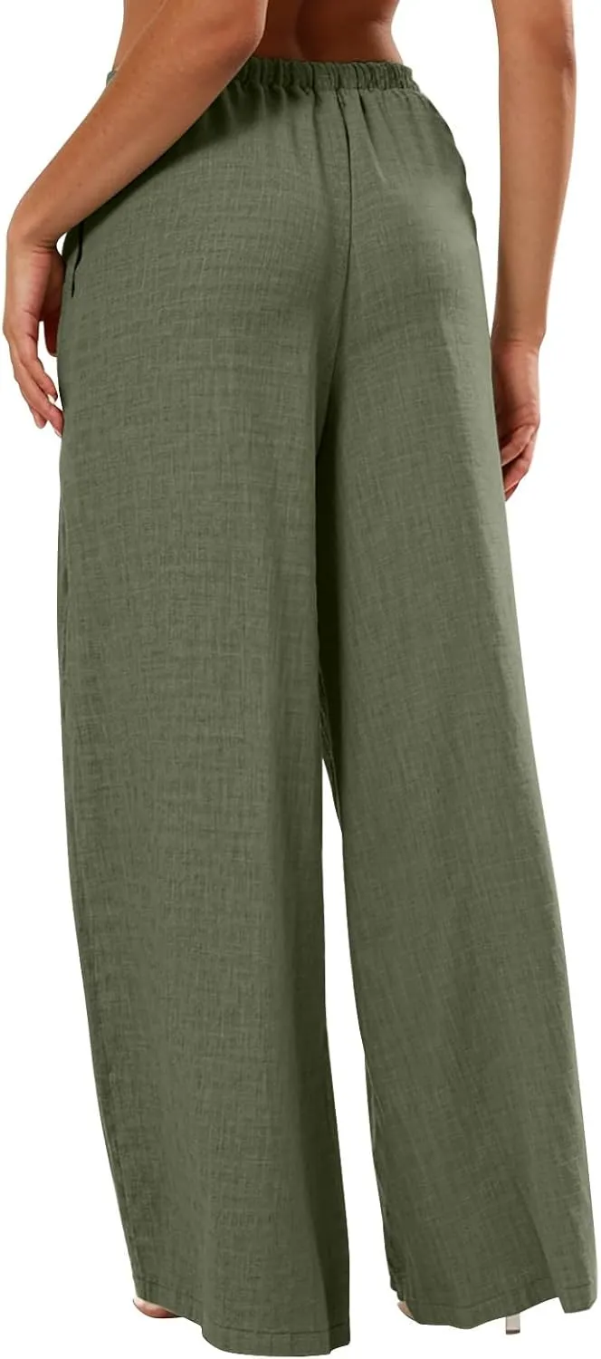 Linen Pants Women Summer Drawstring Waist Wide Leg Pants Loose Cotton Linen Palazzo Pants Casual Beach Long Pants