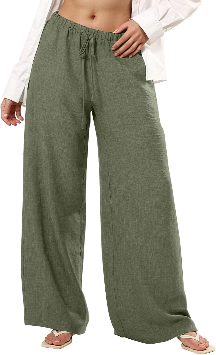 Linen Pants Women Summer Drawstring Waist Wide Leg Pants Loose Cotton Linen Palazzo Pants Casual Beach Long Pants