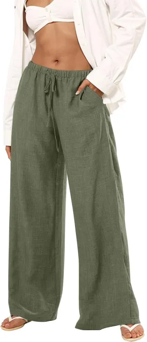 Linen Pants Women Summer Drawstring Waist Wide Leg Pants Loose Cotton Linen Palazzo Pants Casual Beach Long Pants