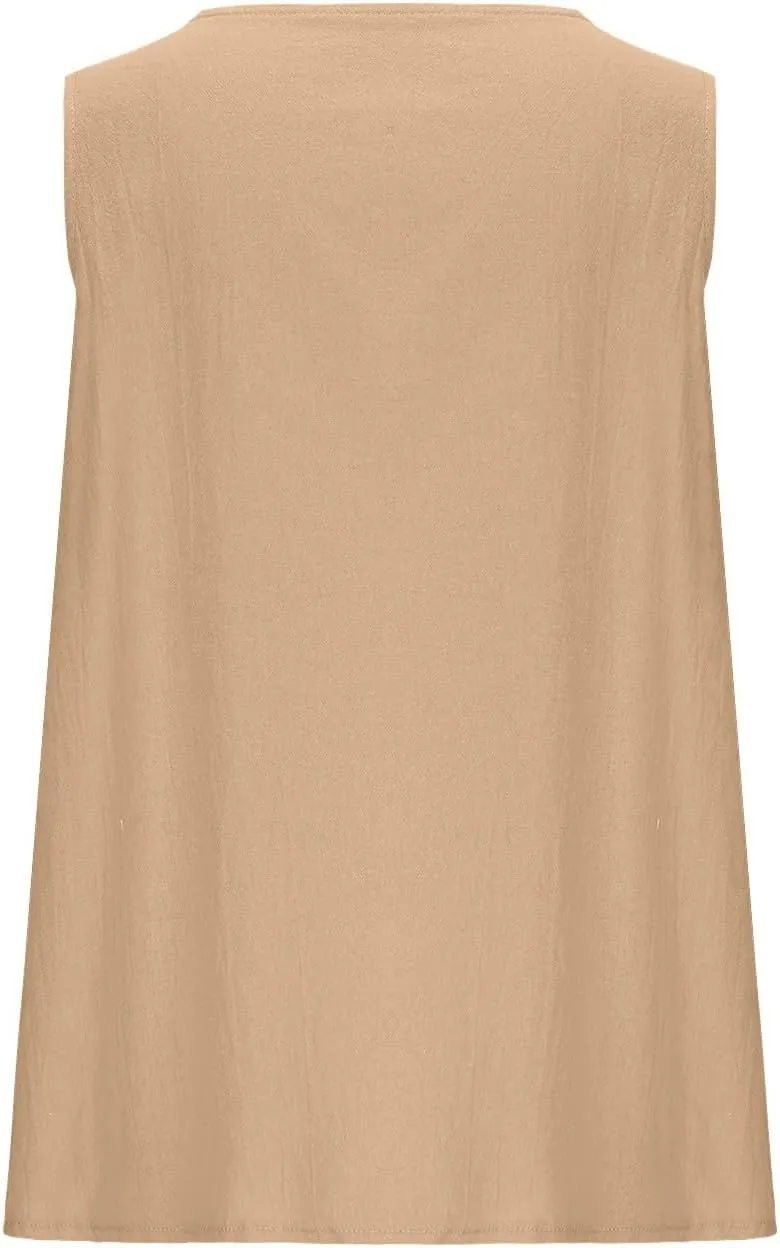 Linen Shirt for Women 2025 Fashion Vintage V Neck Sleeveless Tank Tops Summer Solid Loose Boho Beach Vacation Blouse