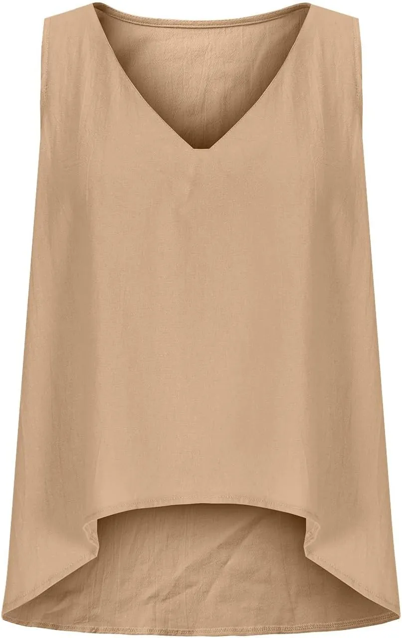 Linen Shirt for Women 2025 Fashion Vintage V Neck Sleeveless Tank Tops Summer Solid Loose Boho Beach Vacation Blouse
