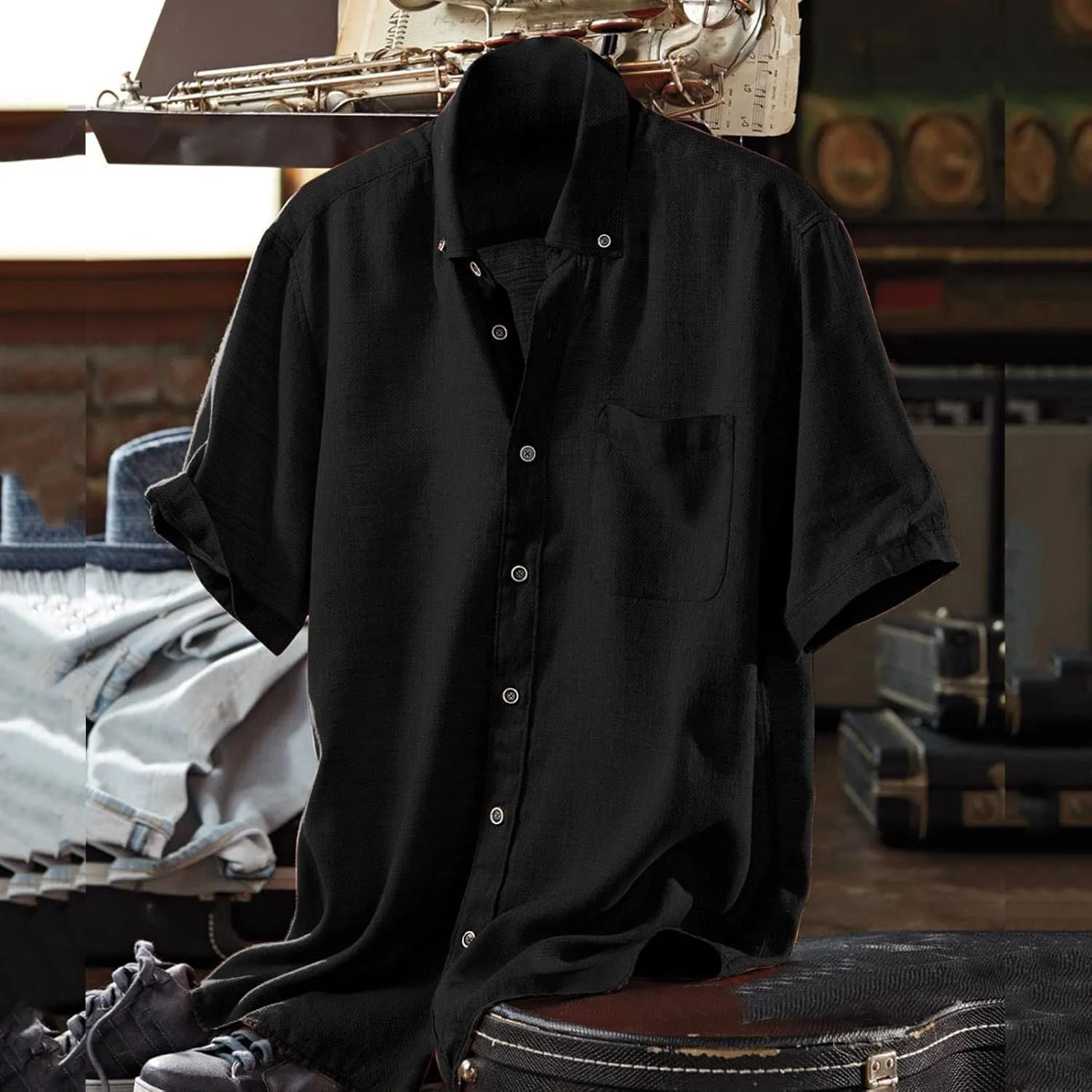 Linen Shirts for Men Trendy Button Down Short Sleeve Summer Beach Wedding Shirt Lightweight Quick Dry Chambray Blouses