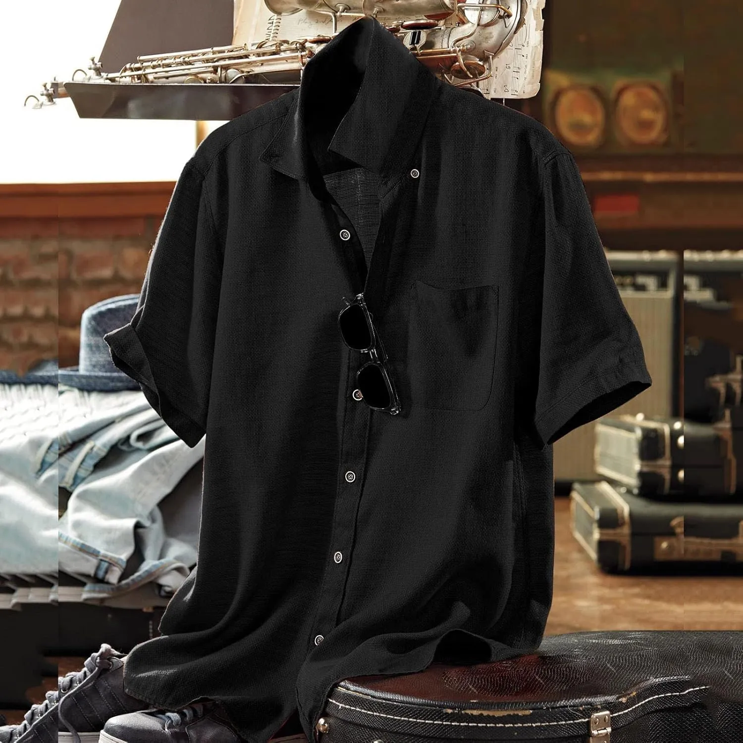 Linen Shirts for Men Trendy Button Down Short Sleeve Summer Beach Wedding Shirt Lightweight Quick Dry Chambray Blouses