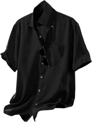 Linen Shirts for Men Trendy Button Down Short Sleeve Summer Beach Wedding Shirt Lightweight Quick Dry Chambray Blouses