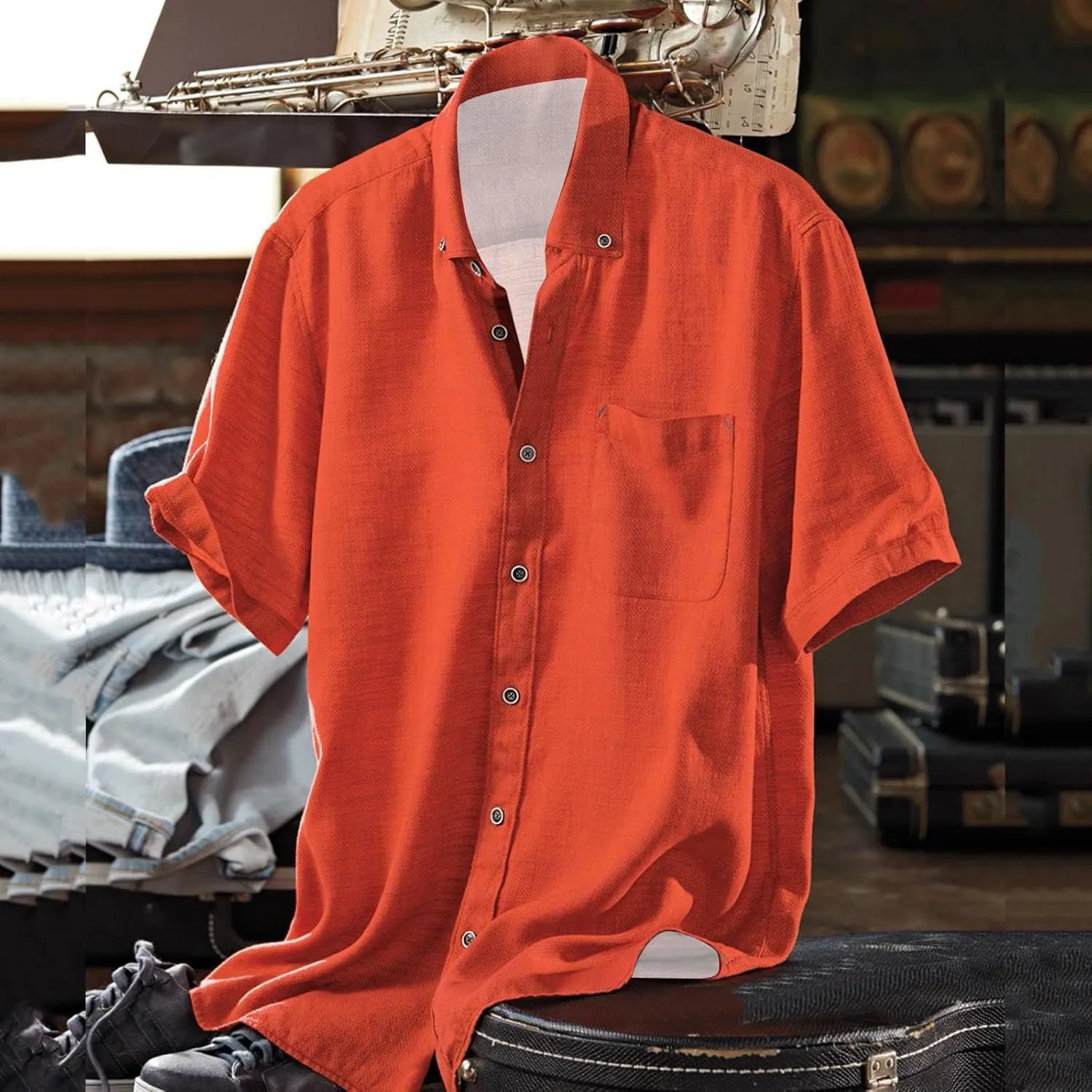 Linen Shirts for Men Trendy Button Down Short Sleeve Summer Beach Wedding Shirt Lightweight Quick Dry Chambray Blouses