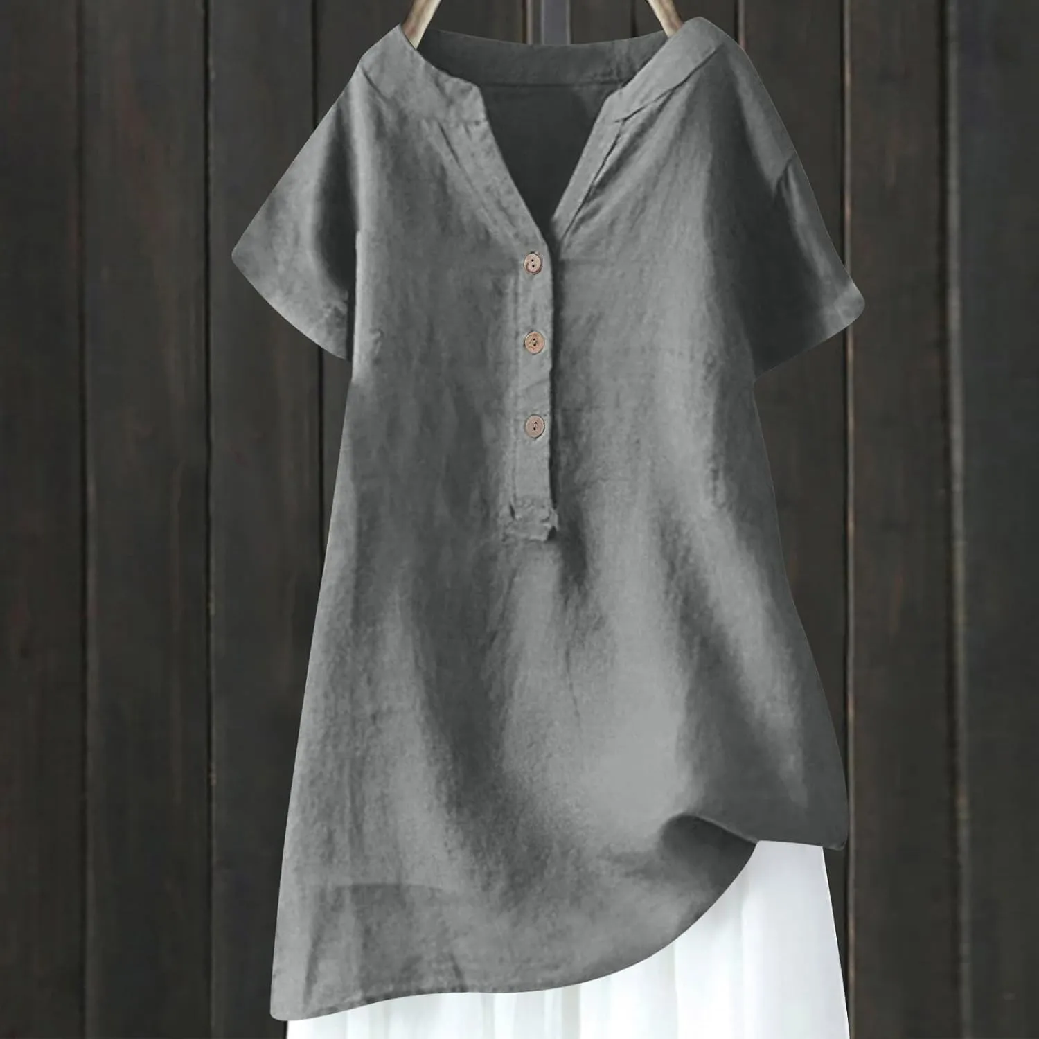 Linen Shirts for Women Loose Fit Short Sleeve Tops Casual Button V Neck Tshirt Lightweight Plain Blouses for Leggings