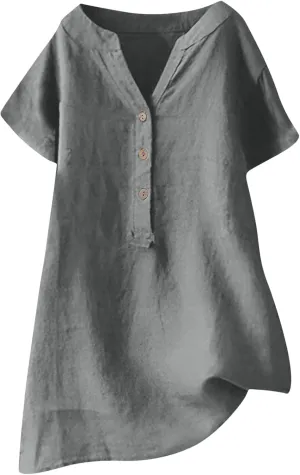 Linen Shirts for Women Loose Fit Short Sleeve Tops Casual Button V Neck Tshirt Lightweight Plain Blouses for Leggings