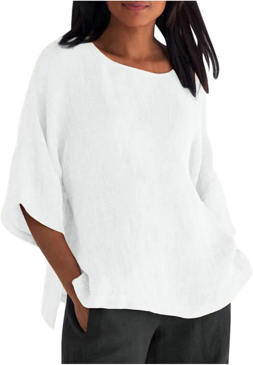 Linen Shirts for Women Plus Size 3/4 Length Sleeve Tops Casual Loose Fit O Neck Split Tunic Tee 2025 Summer Blouse