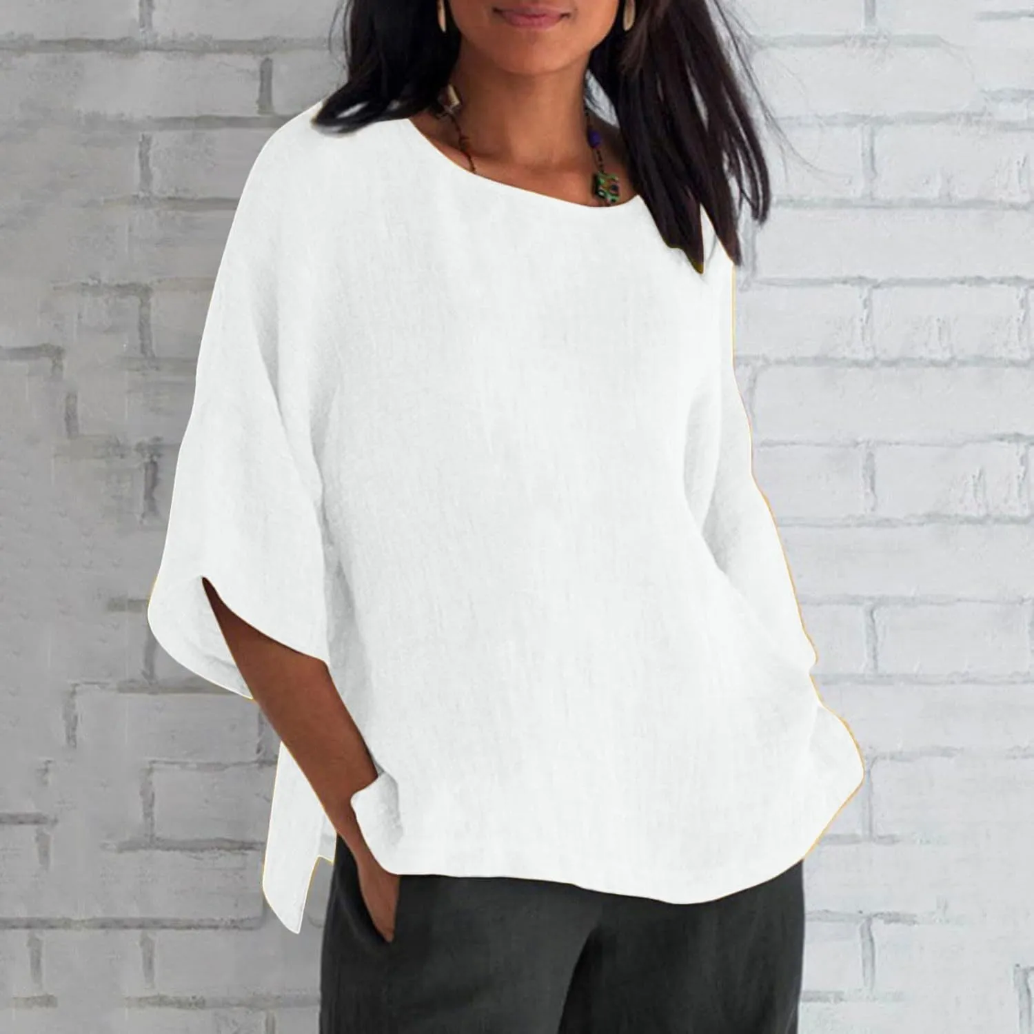 Linen Shirts for Women Plus Size 3/4 Length Sleeve Tops Casual Loose Fit O Neck Split Tunic Tee 2025 Summer Blouse