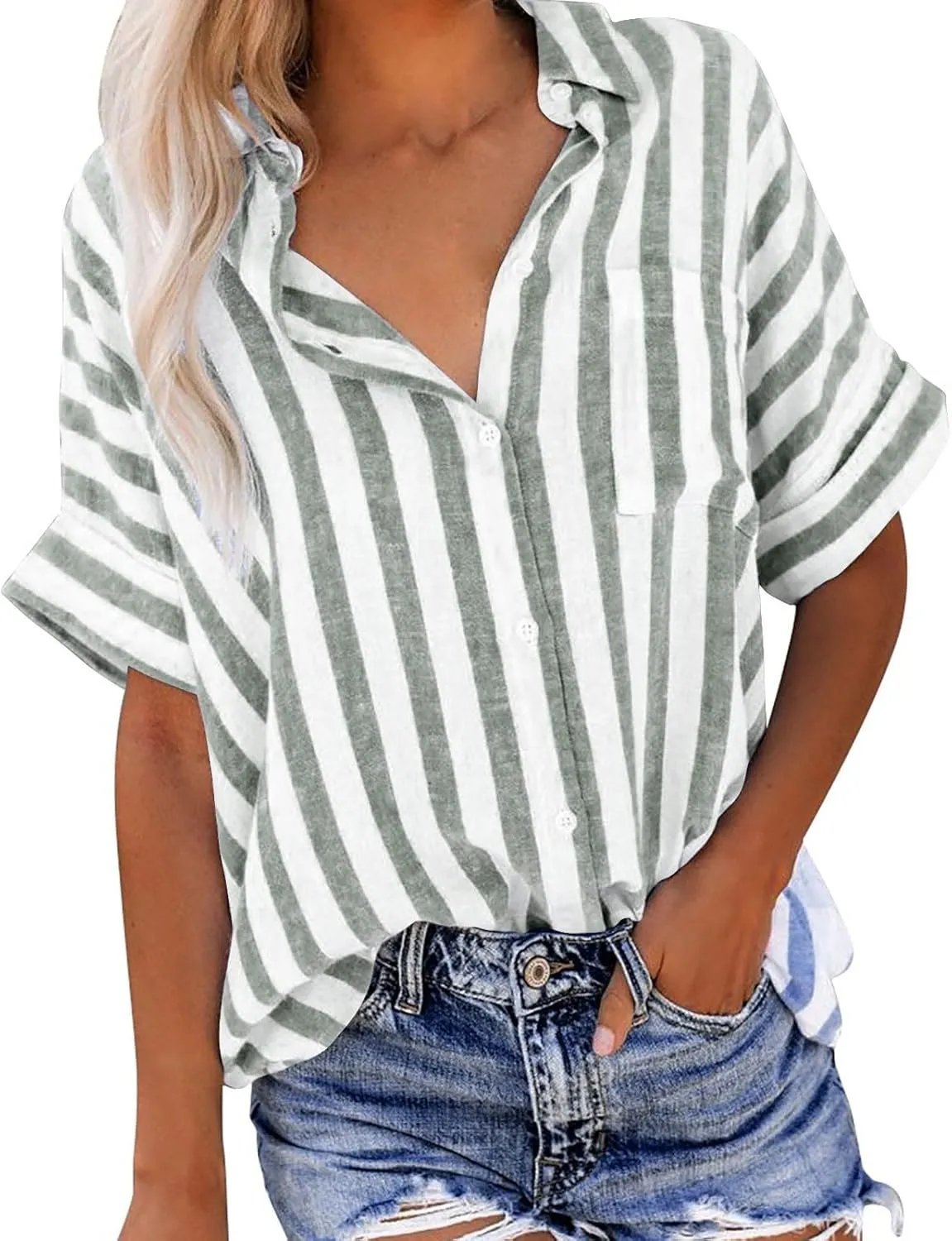 Linen Shirts for Women Striped Button Down Shirts Lightweight Guaze Blouses Short Sleeve Boho Summer Tshirt