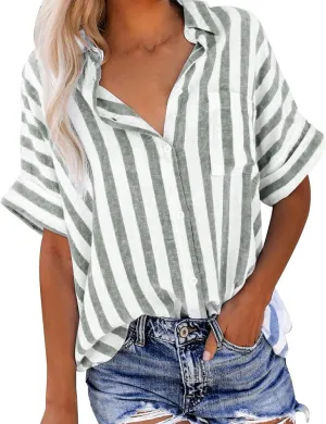 Linen Shirts for Women Striped Button Down Shirts Lightweight Guaze Blouses Short Sleeve Boho Summer Tshirt