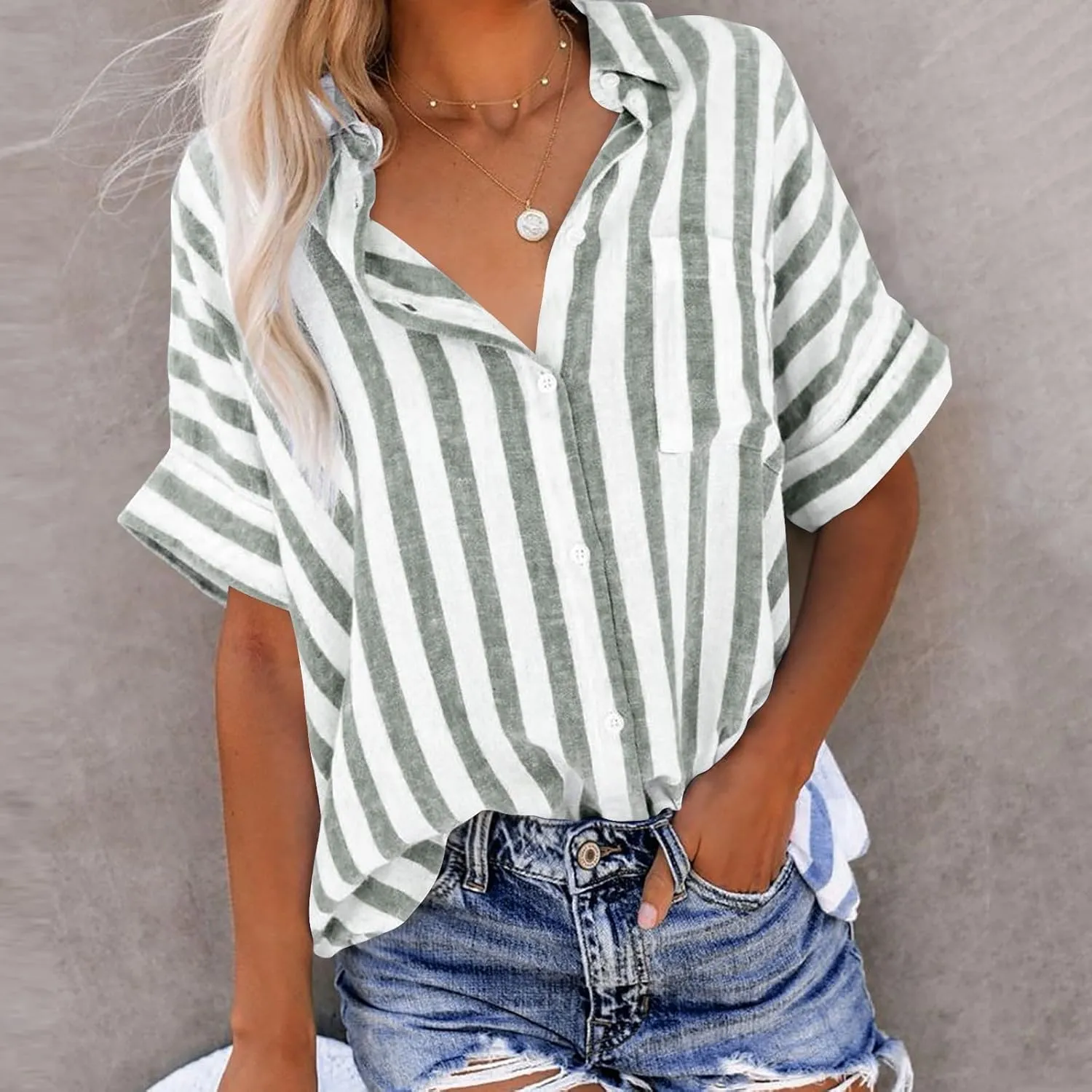 Linen Shirts for Women Striped Button Down Shirts Lightweight Guaze Blouses Short Sleeve Boho Summer Tshirt