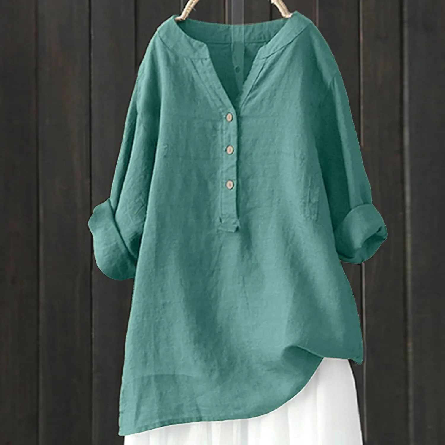 Linen Shirts for Women Summer Button Down Shirts Solid 3/4 Sleeve Tunic Tops Casual V Neck Blouses Trendy Tshirts