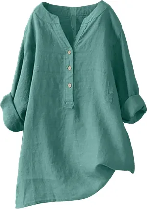Linen Shirts for Women Summer Button Down Shirts Solid 3/4 Sleeve Tunic Tops Casual V Neck Blouses Trendy Tshirts