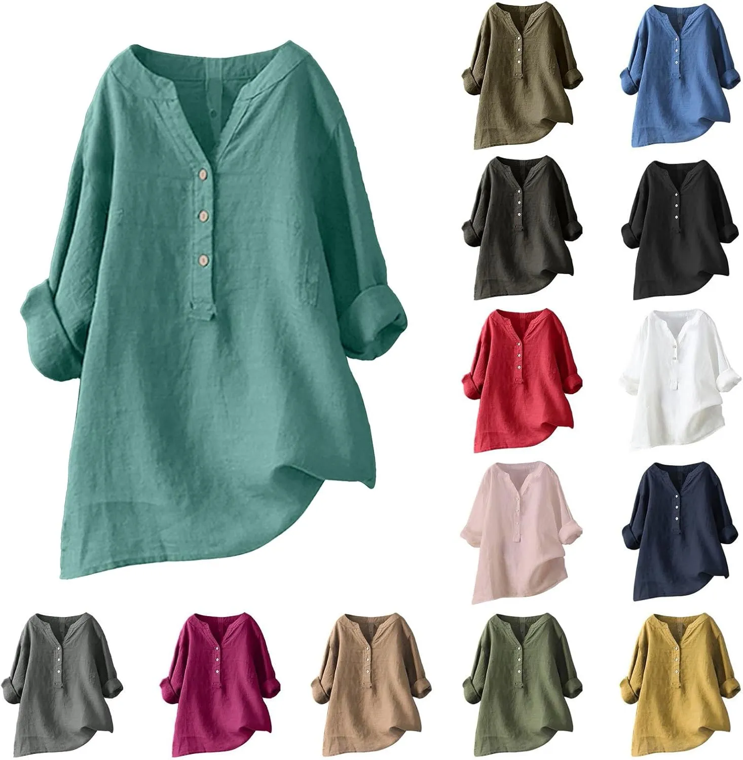 Linen Shirts for Women Summer Button Down Shirts Solid 3/4 Sleeve Tunic Tops Casual V Neck Blouses Trendy Tshirts