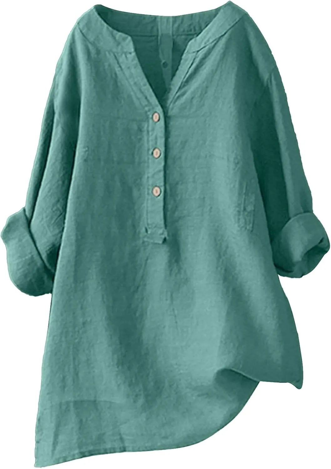 Linen Shirts for Women Summer Button Down Shirts Solid 3/4 Sleeve Tunic Tops Casual V Neck Blouses Trendy Tshirts