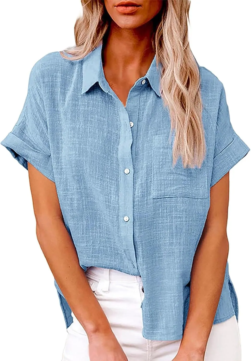 Linen Shirts for Women Summer Linen Button Long Sleeve T-Shirts Casual Loose Fit Fashion V Neck Blouses