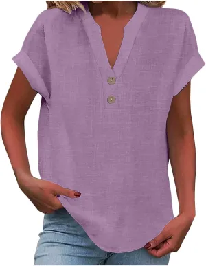 Linen Shirts for Women Summer Short Sleeve Casual Tops Henley Vacation Beach Lounge Button Lightweight Tunic Blouse