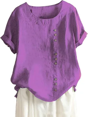 Linen Shirts for Women V Neck Button Down Blouses Plain Dressy Tee Tops Short Sleeve Loose Fit Tunic Top
