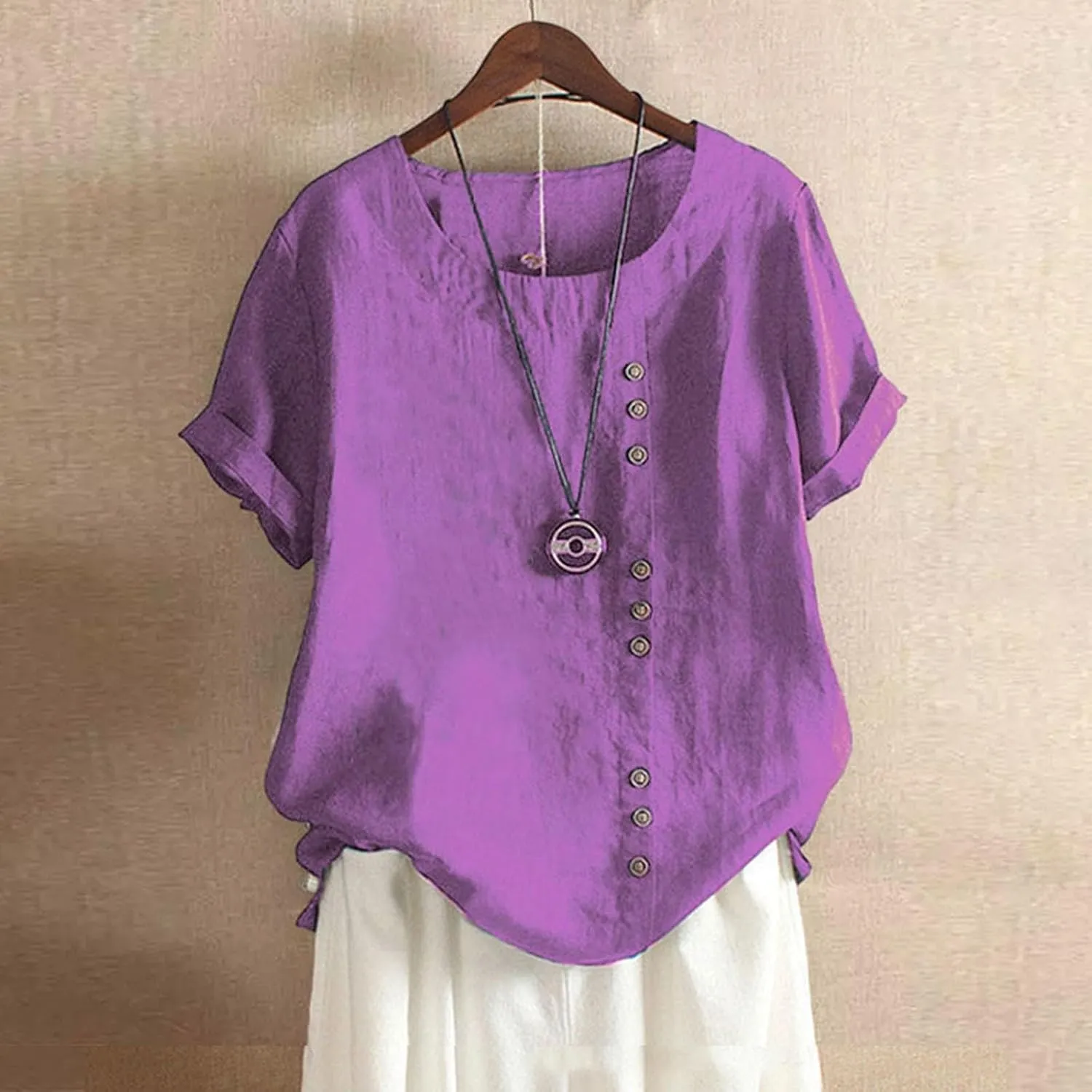 Linen Shirts for Women V Neck Button Down Blouses Plain Dressy Tee Tops Short Sleeve Loose Fit Tunic Top
