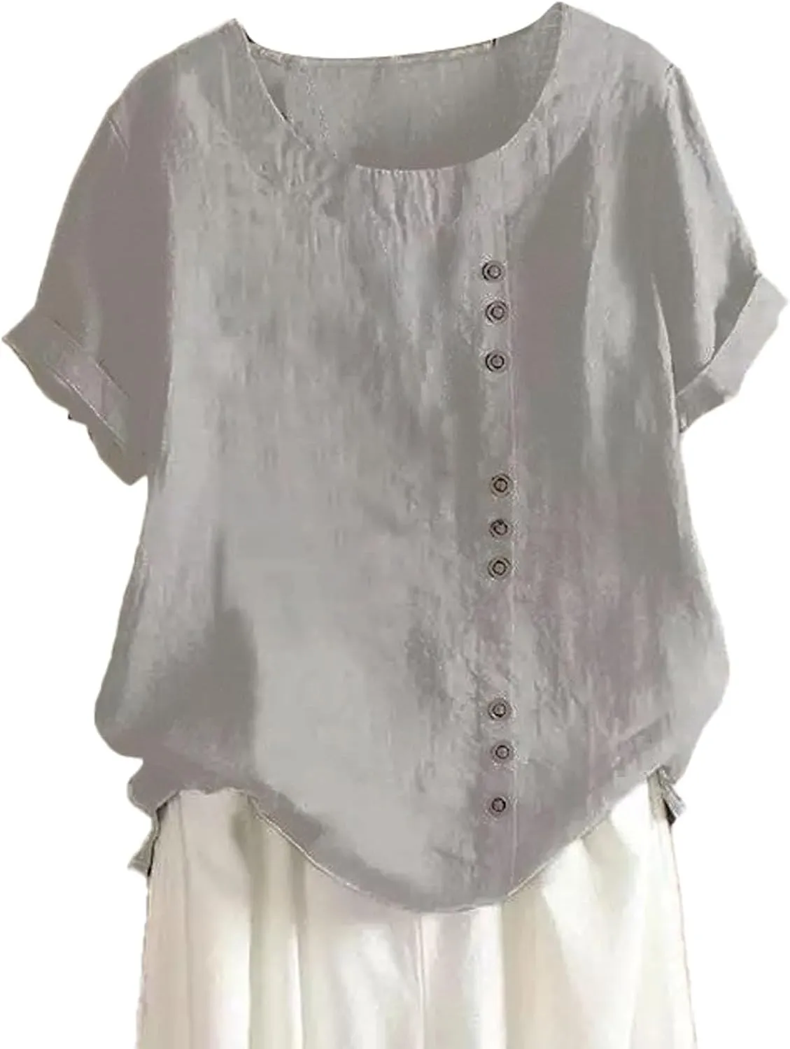 Linen Shirts for Women V Neck Button Down Blouses Plain Dressy Tee Tops Short Sleeve Loose Fit Tunic Top